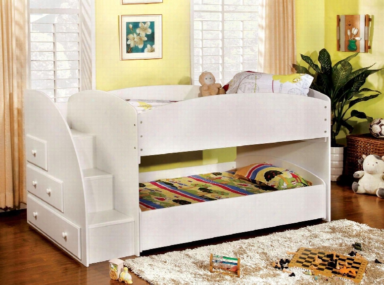 Merritt Cm-bk921wh-t-bed Twin/twin Bunk Bed With Arch Design Side Panels 12 Pc. Slats Top And Bottom Built-in Drawers And Front Access Step In