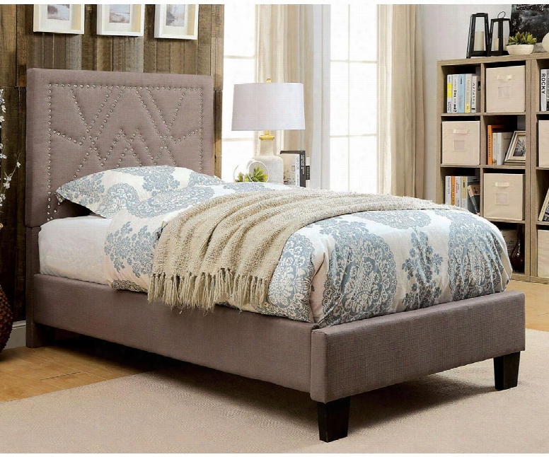 Mirianne Collection Cm7433br-t-bed Twin Size Platform Bed With Patterned Nailhead Trim Solid Wood Construction And Linen-like Fabric Upholstery In Light Brown