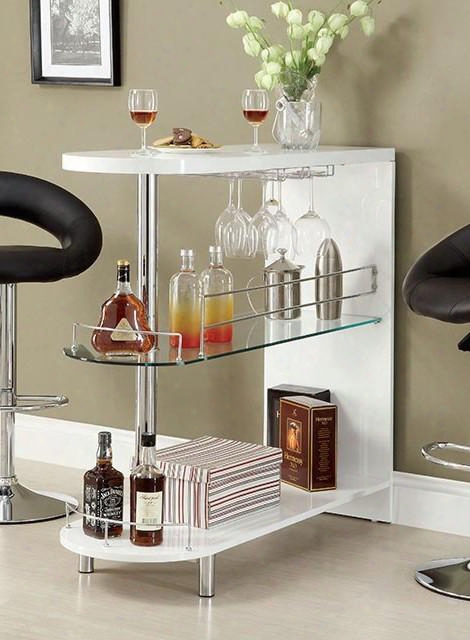 Numbi Collection Cm-bt8333-wh 42" Mini Server With Lacquer Coating Chrome Legs Glass Shelf And Wine Glass Hanger In