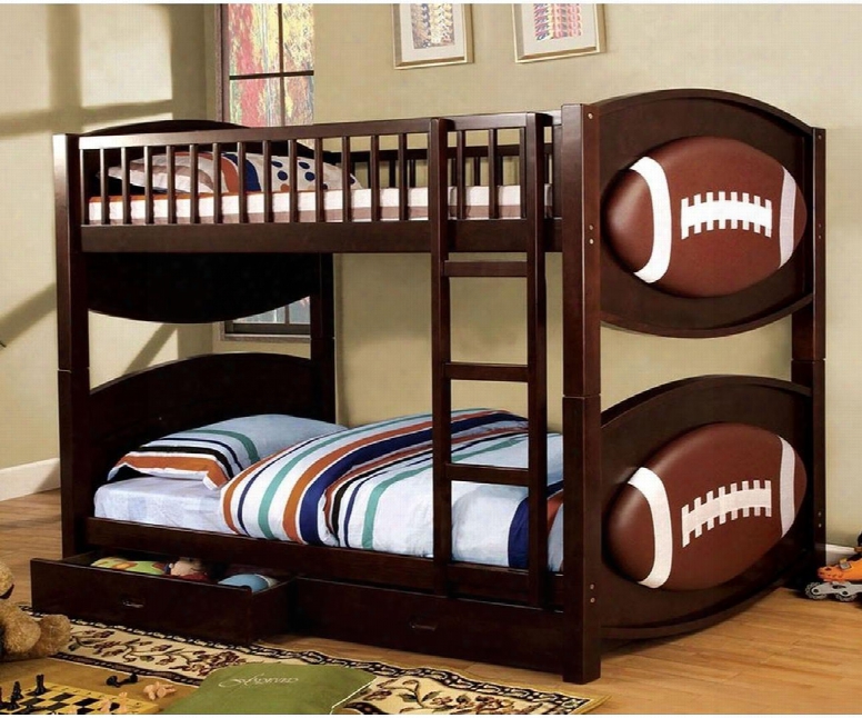 Olympic Ii Collection Cm-bk065-fbll-t-bed Twin Size Bunk Bed With Football-theme Storage Drawers Solid Wood And Wood Veneer Construction In Dark Walnut