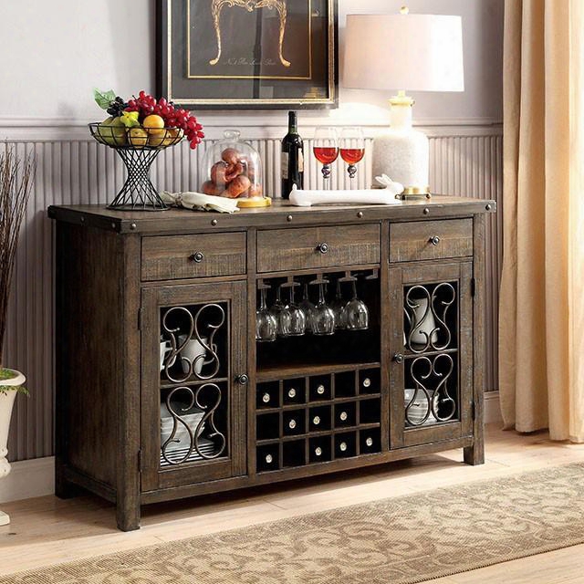 Paulina Collection Cm3465sv 56" Server With Scroll Details Bolt Accents Hanging Glassware And Wine Rack In Rustic