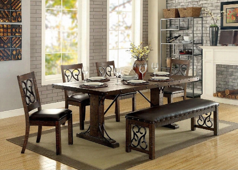 Paulina Collection Cm3465t 78" Dining Table With Traditional Style Scroll Details Metal Support Beams And Bolt Accents In Rustic