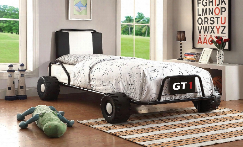 Power Racer Collection Cm7285bk-bed Twin Size Bed Through  Race Car Design Leatherette Headboard Mattress Ready And Metal Construction In Black