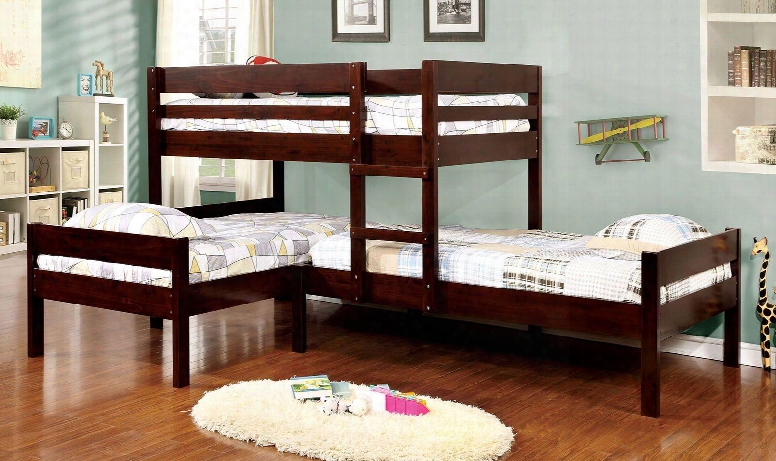 Ranford Collection Cm-bk626-bed Twin Size Bunk Bed With Corner Design Attached Ladder Slats Top/bottom Solid Wood And Wood Veneers Construction In Espresso