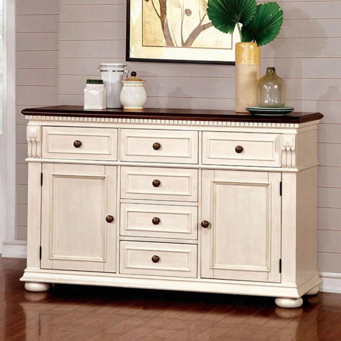 Sabrina Collection Cm3199wc-sv 57" Server With Bun Feet Molding Details 6 Drawers And 2 Cabinet Doors In White And