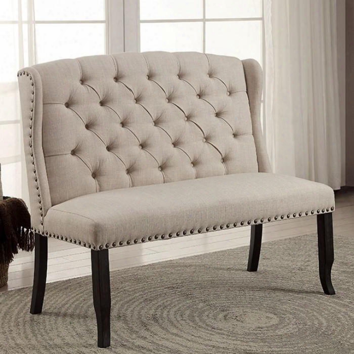 Sania I Cm3324bk-bn 2-seater Bench With Contemporary Style Ivory Linen-like Fabric Button Tufted With Nailhead Trim Solid Wood/wood Veneer/others In Antique