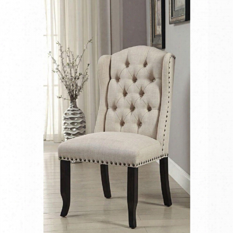 Sania I Collection Cm3324bk-sc-2pk Set Of 2 Wingback Inspired Side Chair With Ivory Linen-like Fabric Button Tufted And Nailhead Trim In Antique Black