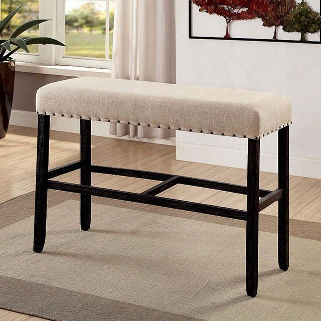 Sania Ii Cm3324bk-bbn Bar Ht. Bench With Rustic Style Bold Distressed Details Nailhead Trim Ivory Linen-like Fabric In Antique