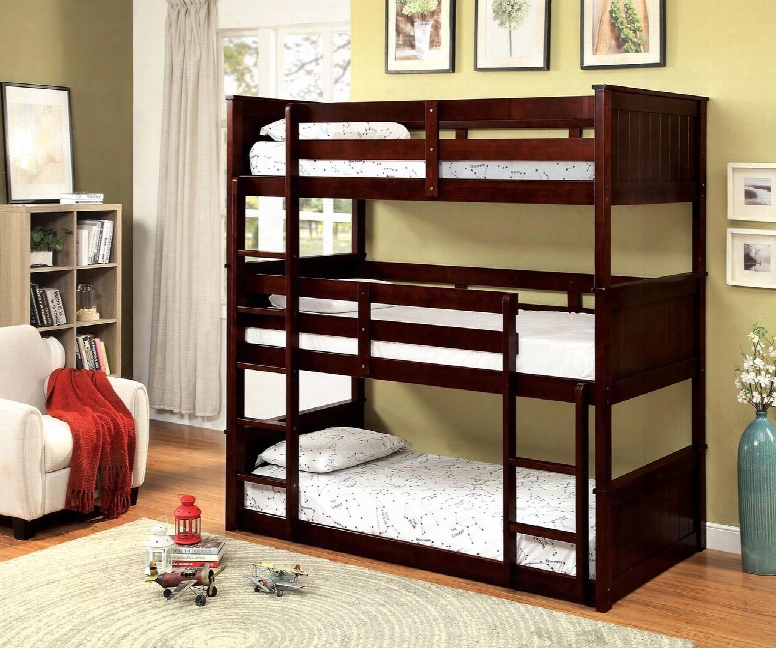 Therese Collection Cm-bk628-bed Triple Twin Size Bunk Bed With 2 Attached Ladders Plank Style Guard Rails Slats Top/middle/bottom Solid Wood And Wood