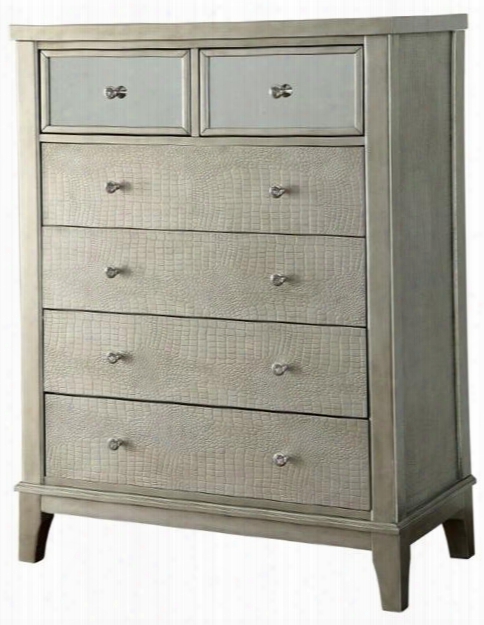 Adeline Collection Cm7282c 36" Chest With 6 Drawers Mirror Front Panels Crocodile Skin Leatherette Panel Solid Wood And Wood Veneers Construction In Silver