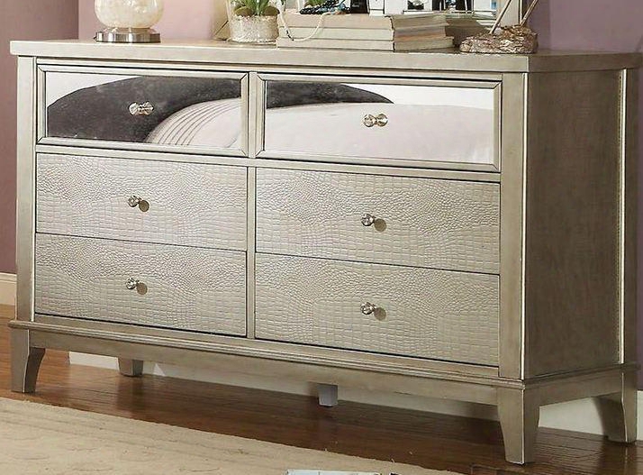 Adeline Collection Cm7282d 54" Dresser With 6 Drawers Mirror Front Panels Crocodile Skin Leatherette Panel Solid Wood And Wood Veneers Construction In