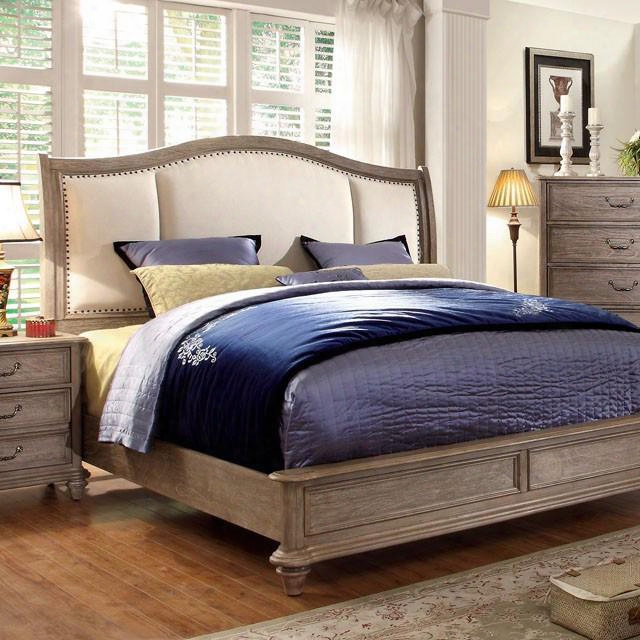 Belgrade Ii Collection Cm7612q-bed Queen Size Platform Channel With Padded Fabric Headboard Turned Feet Solid Wood And Wood Veneers Construction In Rustic