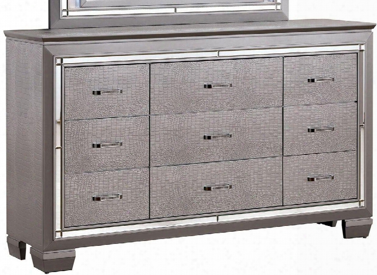 Bellanova Collection Cm7979sv-d 66" Dresser With 9 Drawers Crocodile Textured Detail Diamond Crusted Bar Pull Handles Solid Wood And Wood Veneers