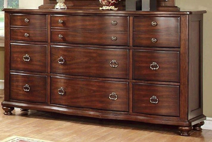 Bllavista Collection Cm7350d 67" Dresser With 9 Drawers Antique Brass Handles Curved Front Panels Solid Wood And Wood Veneers Construction In Brown Cherry