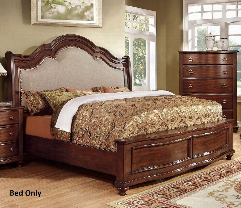 Bellavista Collection Cm7350q-bed Queen Size Bed With Nailhead Trim Padded Fabric Headboard Solid Wood And Wood Veneers Construction In Brown Cherry