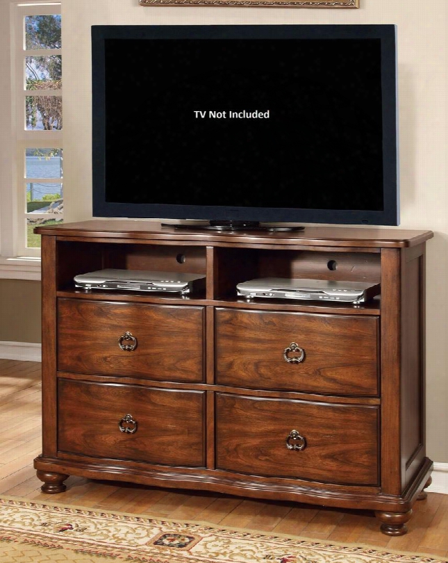 Bellavista Collection Cm7350tv 52" Media Chest With 4 Drawers Antique Brass Handles Curved Front Panels Solid Wood And Wood Vneers Construction In Brown