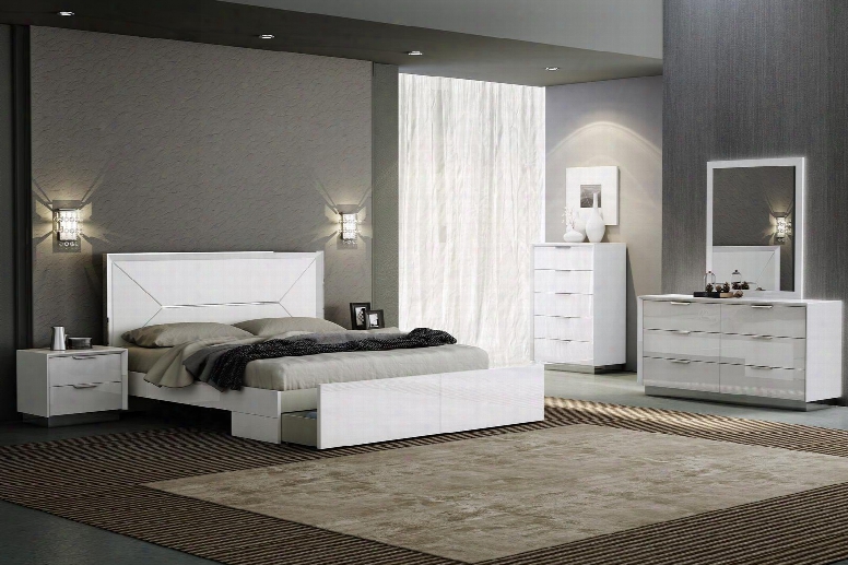 Bk1354wht Navi Bed King High Gloss White White Faux Leather Headboard With Stainless Steel Accent Large Drawer At