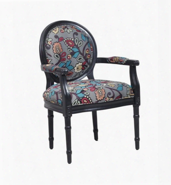 Blossom Collection 15s8178 40" Accent Chair With Curvy Black Finished Frame Medallion Chair Back And Floral Fabric Upholstery In White