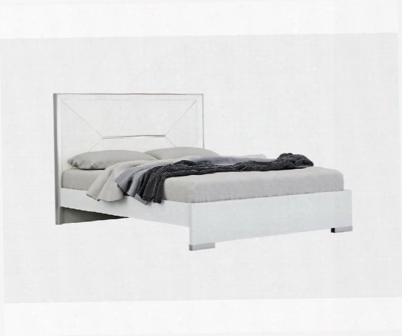 Bq1354wht Navi Bed Quesn High Gloss White White Faux Leather Headboard With Stainless Steel Accent Large Drawer At