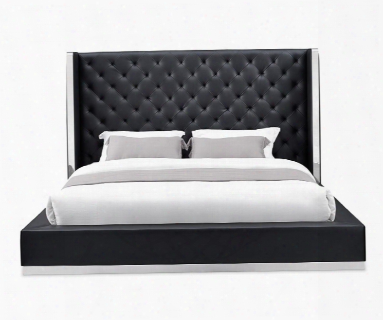 Bq1356pblksjf Abrazo Bed Queen Black Faux Leather Tufted Headboard Stainless Steel Trim Along Headboard Footboard And