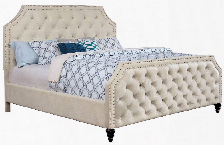 Claudine Collection Cm7675q-bed Queen Size Panel Bed With Crystal-like Acrylic Buttons Cut-out Design Nail Head Accents Solid Wood Construction And Fabric