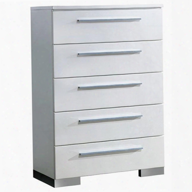 Clementine Collection Cm201c 35" Chest With 5 Drawers Chrome Handles And Feet High Gloss Lacquer Coating Solid Wood And Wood Veneers Construction In White