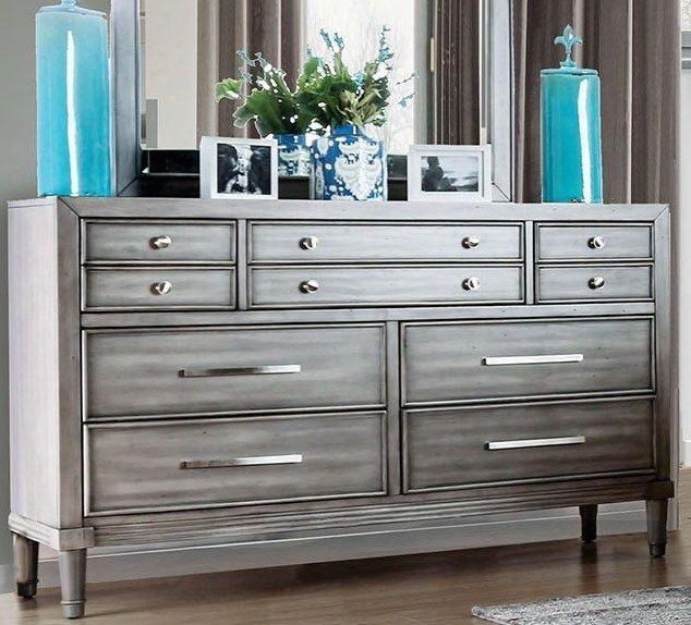 Daphne Collection Cm7556d 58" Dresser With 10 Drawers Silver Tone Handles Solid Wood And Wood Veneers Construction In Grey