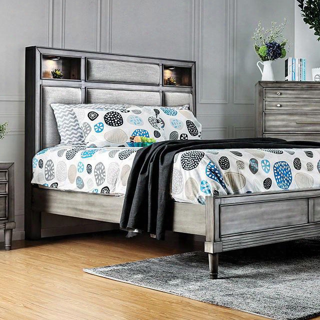 Daphne Collection Cm7556ek-bed Eastern King Size Bed With Built-in Touch Light Padded Fabric Headboard Headboard Solid Wood And Wood Veneers Construction In