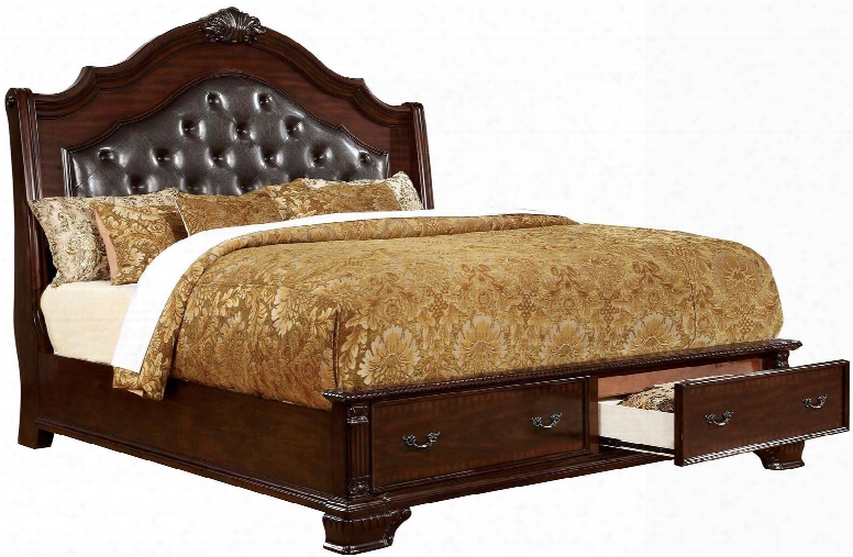 Edinburgh Collection Cm7672q-bed Queen Size Bed With 2 Drawers Tufted Faux Leather Headboard Intricate Wood Carvings Solid Wood And Wood Veneers