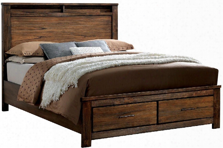 Elkton Collection Cm7072q-bed Queen Size Platfrm Bed With 2 Drawers On Footboard Antique Handle Pulls And Wood Veneers Construction In Oak