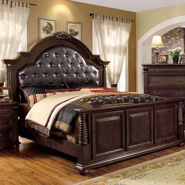 Esperia Collection Cm7711q-bed Queen Size Bed With Tufted Leatherette Headboard English Style Solid Wood And Wood Veneers Construction In Brown Cherry