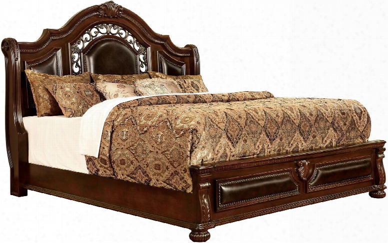 Flandreau Collection Cm7588q-bed Queen Size Bed With Nailhead Trim Wood Carvings Leatherette Upholstery Solid Wood And Wood Veneers Construction In Brown