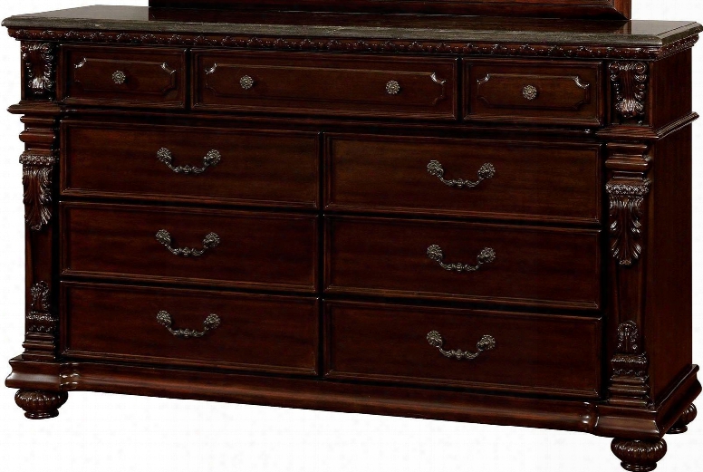 Fort Worth Collection Cm7858d 64" Dresser With 9 Drawers Genuine Marble Top Bun F Eet Solid Wood And Wood Veneers Construction In Dark Cherry