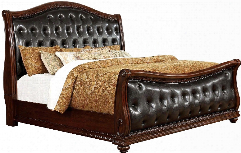 Fort Worth Collection Cm7858ek-bed Eastern King Size Sleigh Bed With Camelback Design Leatherette Upholstery Solid Wood And Wood Veneers Construction In Dark