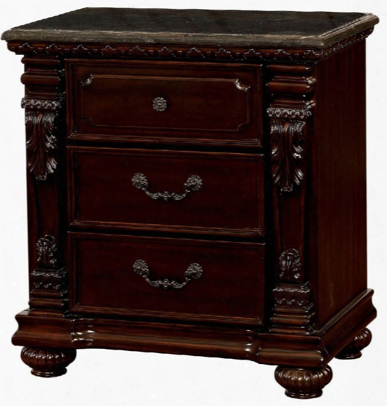 Fort Worth Collection Cm7858n 29" Nightstand With 3 Drawers Genuine Marble Top Bun Feet Solid Wood And Wood Veneers Construction In Dark Cherry