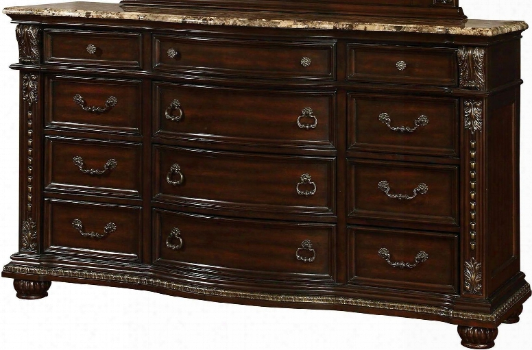 Fromberg Collection Cm7670d 68" Dresser With 12 Drawers Genuine Marble Top Felt-lined Top Drawer Solid Wood And Wood Veneers Construction In Brown Cherry