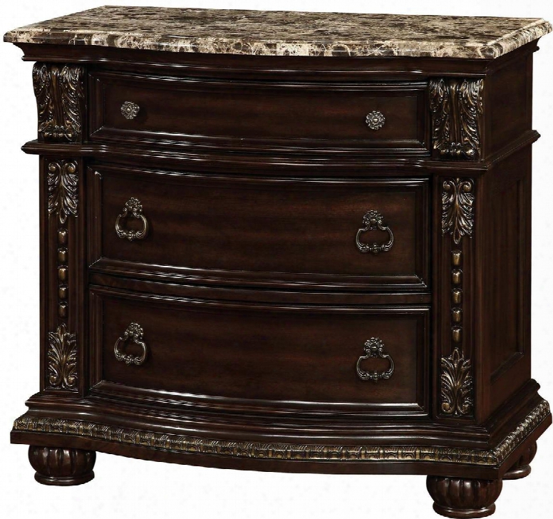 Fromberg Collection Cm7b70n 34" Nightstand With 3 Drawers Genuine Marble Top Felt-lined Top Drawer Solid Wood And Wood Veneers Construction In Brown Cherry