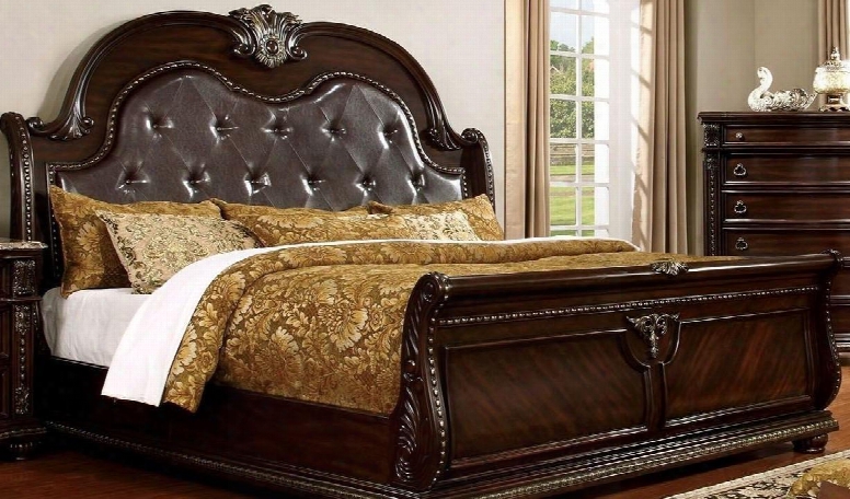 Fromberg Collection Cm7670q-bed Queen Size Bed With Camelback Design Nailhead Trim Leatherette Upholstery Solid Wood And Wood Veneers Construction In Brown