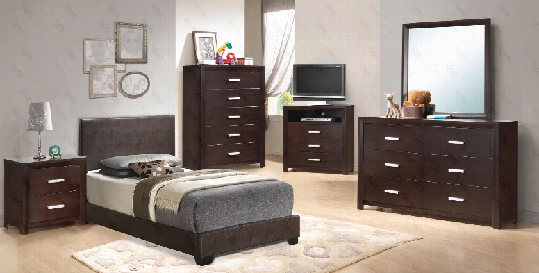 G1800tbupset 6 Pc Bedroom Set Twin Size Panel Bed + Dresser + Mirror + Chest + Nightstand + Media Chest In Cappuccino