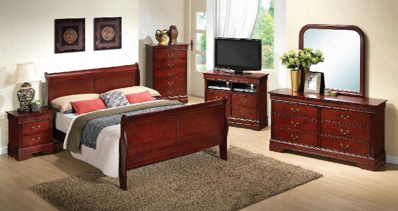 G3100aqbset 6 Pc Bedroom Set With Queen Size Sleigh Bed + Dresser + Mirror + Chest + Nightstand + Media Chest In Cherry