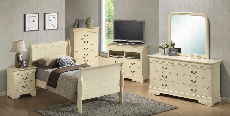 G3175atbset 6 Pc Bedroom Set With Twin Size Sleigh Bed + Dresser + Mirror + Chest + Nightstand + Media Chest In Beige