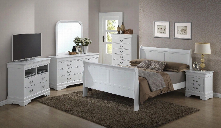 G3190afbset 6 Pc Bedroom Set With Full Size Sleigh Bed  + Dresser + Mirror + Chest + Nightstand + Media Chest In White
