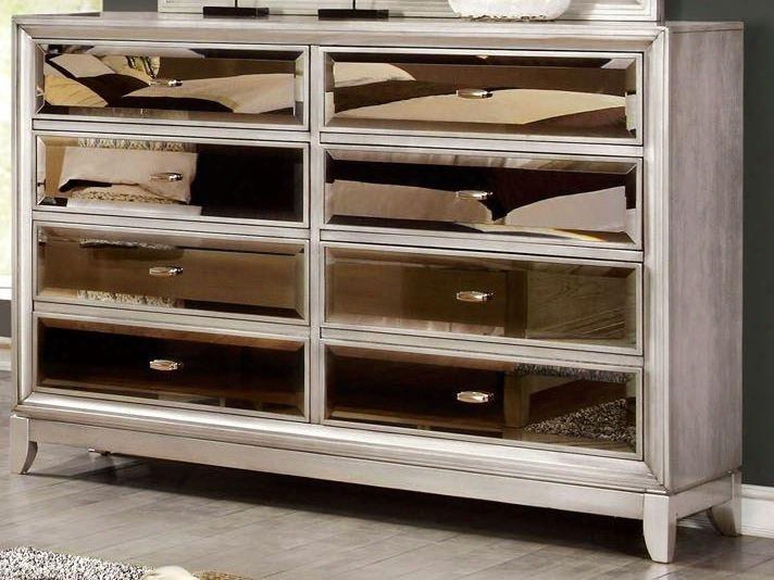 Golva Collection Cm7295sv-d 58" Dresser With 8 Full Extension Drawers Gold-tinted Mirror Panels Solid Wood And Wood Veneers Construction In Silver