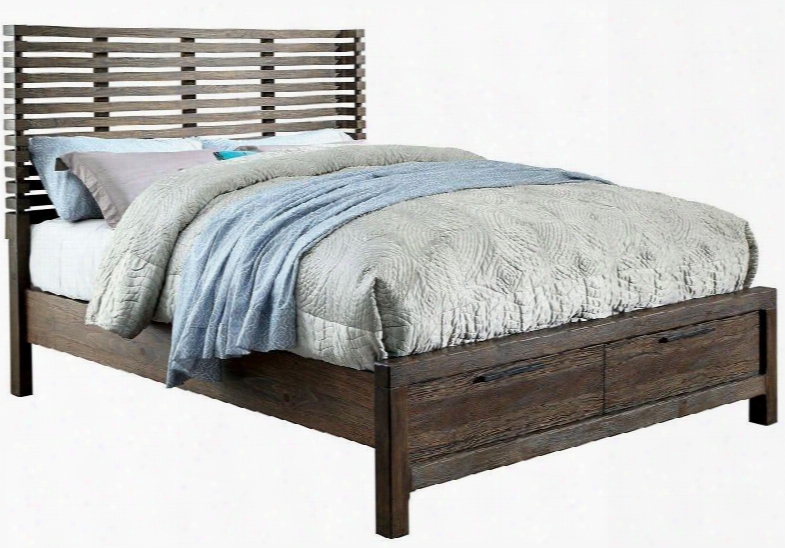 Hankinson Collection Cm7576dr-q-bed Queen Size Panel Bed With 2 Drawers On Footboard Slatted Wingback Headboard And Wood Veneers Construction In Rustic