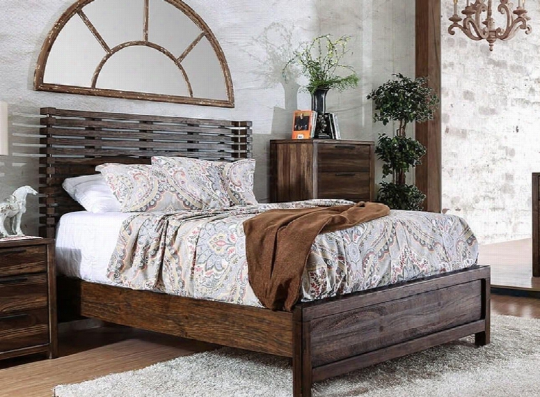 Hankinson Collection Cm7576q-bed Queen Size Panel Bed With Slatted Wingback Headboard Solid Wood And Wood Veneers Construction In Rustic Nnatural Tone