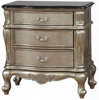 Johara Collection Cm7090n 30" Nightstand With 3 Drawers Antique Metal Hardware Floral Carved Detail Solid Wood And Wood Veneers Construction In Gold