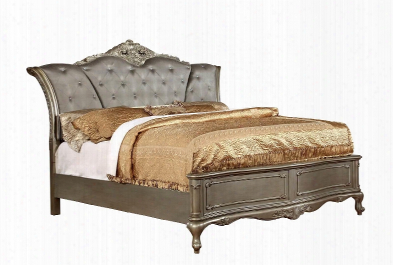 Johara Collection Cm7090q-bed Queen Size Bed With Floral Carved Detail Button Tufted Fabric Headboard Solid Wood And Wood Veneers Construction In Gold