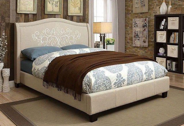 Karissa Collection Cm7698q-bed Queen Size Bed With Camelback Headboard Embroidered Floral Details Black Tapered Legs And Linen-like Fbric Upholstery In