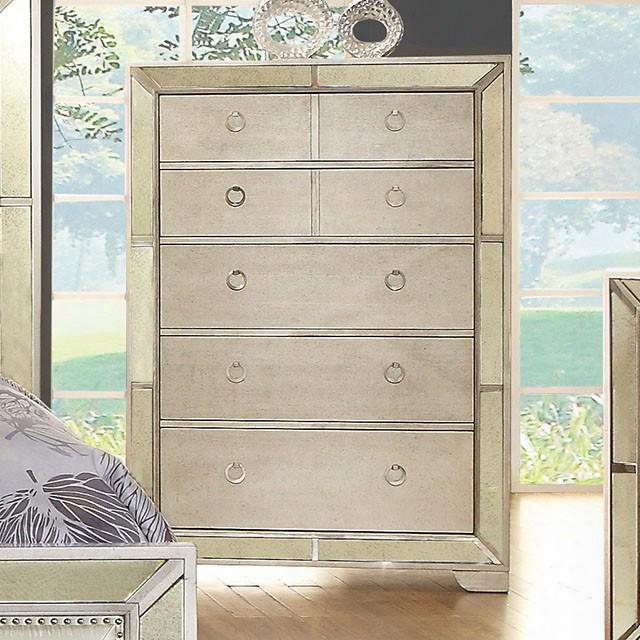 Loraine Collection Cm7195c 43" Chest With 5 Drawers Modern Victorian Style Antique Mirror Panels Solid Wood And Wood Veneers Construction In Silver