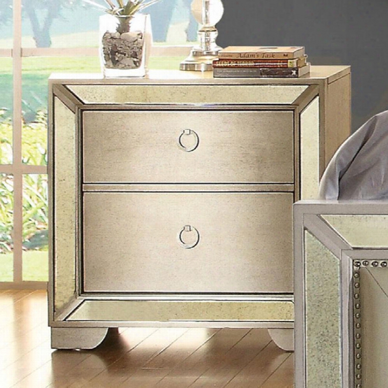 Loraine Collection Cm7195n 30" Nightstand With 2 Drawers Modern Victorian Style Antique Mirror Panels Solid Wood And Wood Veneers C Onstruction In Silver